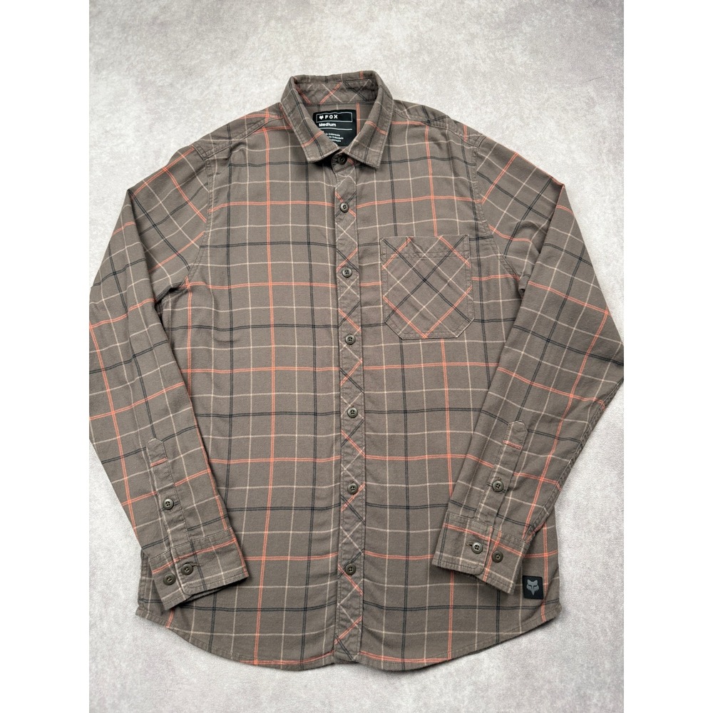 Fox Racing Mens M Plaid Flannel Button Shirt Brown Orange Casual Outdoors Camp